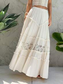 Sunnyshic Apricot Pleated Lace Trim Skirt, Minimalist & Fashionable, Suitable For Summer - Apricot - View 5