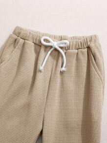 SHEIN 2pcs Boys Casual Loose Collar Short Sleeve Polo Shirt & Pants Set - Khaki - View 6