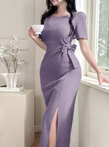DAZY 女士夏季通勤连衣裙，饰有蝴蝶结和前开衩，褶皱细节，优雅吊带裙 - 紫色 - 查看 1