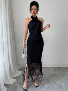 Elenzga Women's Sleeveless Cross-Back Halter Dress With Tassel Accents, Backless Design, Fashionable & Sexy, Suitable For Summer Daily Wear - Black - View 3