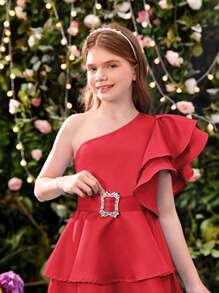 SHEIN Tween Girls' Elegant Ruffled Asymmetrical Shoulder Detachable Waist Belt Dress - Red - View 5