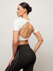Activina Women V-Neck Twist Back Short Sleeve Solid Color Cropped Back Tee - White - View 4