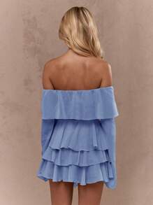 MISSGUIDED Off Shoulder Ruffle Crop Top Long Bell Sleeve Festival Boho Summer Beach Party Blouse Resort Vacation Holiday Bardot Top - Blue - View 2