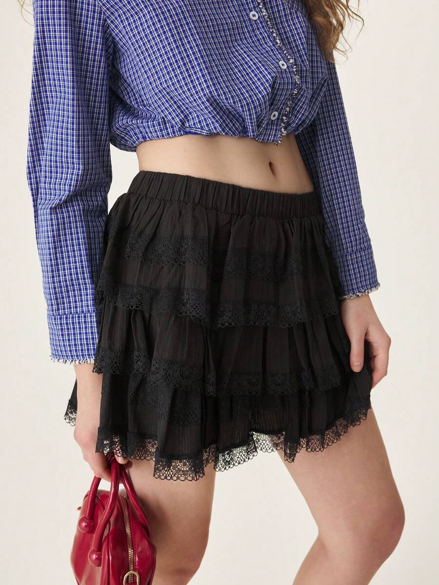 SHEIN Unity Women Lace & Mesh Splicing Multi-Layer A-Line Short Skirt Summer For Women - Black - View 1