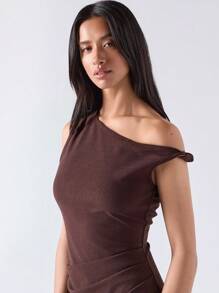 LYSMO Vestido mini de mujer con un hombro, cintura anudada y fruncido, nueva llegada del verano 2025 - Marrón - Ver 5