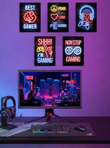 5 件霓虹灯墙艺术、游戏文化帆布印刷壁画、游戏热爱海报、和平符号艺术品、复古游戏氛围房间美学、游戏配件墙面装饰、艺术印刷品、家居装饰、海报、理想礼物，适用于客厅、卧室、浴室、咖啡厅