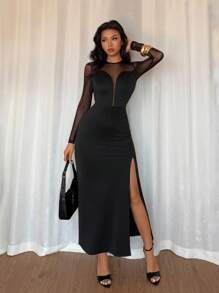 Elenzga Nuevo vestido de mujer con cuello redondo, empalme de malla, escote en V profundo semitransparente, manga larga y abertura alta, vestido elegante y sexy para ocio de las damas - Negro - Ver 5