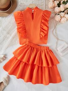 青少年女孩两件套春夏正装 - 亮橙色荷叶边盖袖衬衫和双荷叶边下摆半身裙套装 - 珊瑚橙 - 查看 2