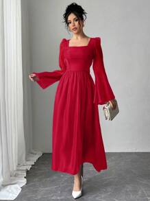 Rafferiza 缎面闪亮优雅喇叭袖连衣裙，冰蓝色 - 紅色 - 查看 3