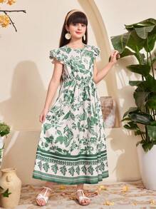 SHEIN Tween Girls Vacation Casual Plant Graphic Cap Sleeve Dress - Green - View 5