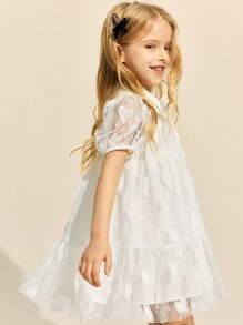 SHEIN Kleine Mädchen Elegantes weißes Mesh-Jacquard Kleid mit Kurzarm Kragen, Frühling/Sommer - Weiss - Übersicht 6