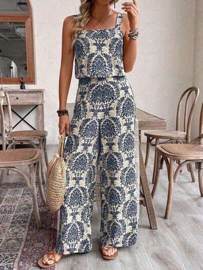 EMERY ROSE 2pcs/Set Women Vacation Outfit, Camisole Top + Print Pants