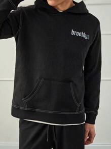 RueChic Men Contrast Stitch Letter Printed Regular Hoodie - Black - View 5