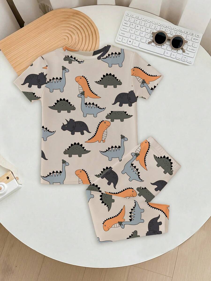 Baby Boy Casual Cute Dinosaur Print Tight Fitting Round Neck Comfortable Short Sleeve & Pants Pajama Set, Suitable For Spring & Summer - Multicolor - View 1