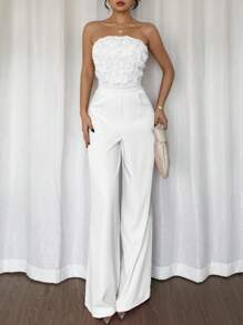 Rafferiza Women's Elegant Commuter Solid Color Floral Splicing Halter Jumpsuit - White - View 5