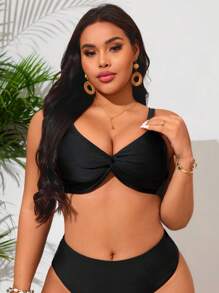 SHEIN Swim Curve Top de natación de talla grande para mujer con diseño de nudos en negro, espalda abierta sexy, estilo de vacaciones y deporte