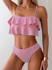 Swim Mod 条纹荷叶边下摆比基尼泳装套装，度假海滩