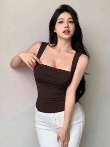 DAZY Women'ssummer Sexy Minimalist Loose Pleated Chest Design Camisole - Coffee Brown - View 4