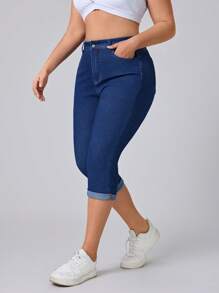 Flexra Große Größen Stretch-Denim-Caprihose in Blau, modisch-lässiger Stil, für Damen