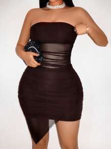 mini de mujer de Fin de Año, palabra de honor, con efecto transparente de malla, fruncido y ajustado al Body - Café integral - Ver 3