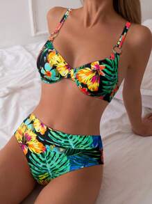 SHEIN Swim Tropical Print Soft Cup Bikini Set, Beach Vacation
