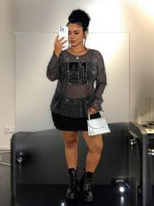 SHEIN EZwear 大码女式音乐节闪光字母印花宽松上衣 - 黑色 - 查看 5