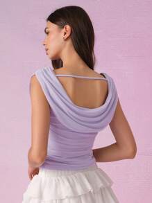 SHEIN MOD 紫色优雅T恤，前后领口装饰，派对T恤，沙滩女装，乡村女装，波西米亚风，音乐节，辣妹风，春假 - 紫色 - 查看 2