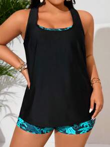 Swim Lushoire Plus Size Women 3pcs Plant Print Cross Back Bikini Set, Simple Sportswear Casual Vacation For Summer