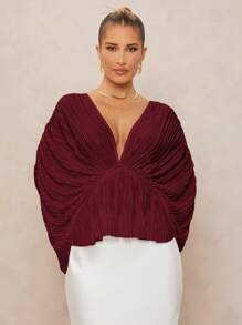 Lumalex Deep V-Neck Loose Blouse With Oversized Ruffle Sleeves And Flared Hem For Women - Burgundy - View 7