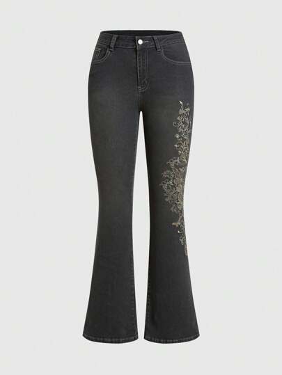 Goth Pantalon Patte D'éléphant En Denim Délavé Décontracté Vintage Y2k Avec Des Broderies De Vigne, De Rose, De Papillon Et De Feuille