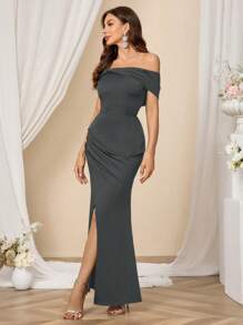 SHEIN Belle Women Solid Color Off-Shoulder Split Hem Elegant Party Dress, Women Elegant Dress, Evening Gown, Wedding Guest Dress, For Cocktail