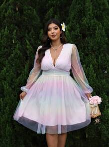 Breezaya Vestido sexy de manga farol con escote profundo en V y malla en tallas grandes para mujer