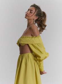 MUSERA 露肩蕾丝边饰文胸，长泡泡袖上衣，精致田园度假海滩伊比沙岛可爱优雅节日嘉年华春夏 - 黃色 - 查看 3