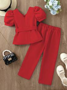 Jong meisje 2 stuks/set effen kleur pofmouw knoop taille shirt en broek outfit
