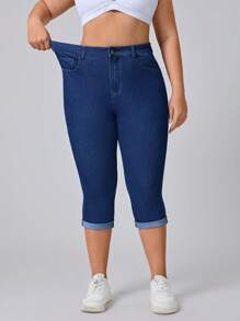 Flexra Große Größen Stretch-Denim-Caprihose in Blau, modisch-lässiger Stil, für Damen