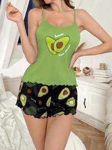 SHEIN 牛油果印花休闲吊带背心女士睡衣套装 - 綠色 - 查看 3