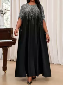 SHEIN Lady Robe Caftan à manches courtes, encolure encochée, colorée, tissée, élégante pour les fêtes, les navettes et le bureau, adaptée aux saisons de printemps, d'été et d'automne - Argent - Voir 6