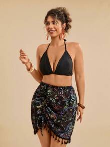 Travachic Plus Size Vacation Casual Tropical Beach Pleated Fringe Paisley Print Elastic Knit Mesh Cover Up Skirt, Summer Country Concert, Sarong