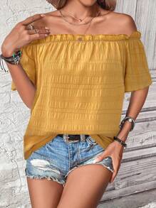 SHEIN LUNE Damska jednokolorowa bluzka z odkrytymi ramionami i krótkim rękawem, modna na wakacje