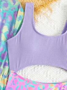 SHEIN Tween Girl 豹纹镂空连体泳衣，带沙滩和服罩衫 - 彩色 - 查看 6