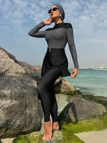 SHEIN Swim Mulvari Women's Striped Long Sleeve Burkini Top And Pants Set, Minimalist & Fashionable For Summer - Black and White - View 4