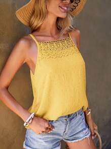 SHEIN Clasi 女士休闲度假蕾丝拼布吊带背心 - 黃色 - 查看 6