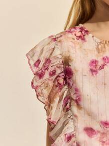 SHEIN Young Girls Elegant Pink Floral Woven Ruffle Hem Blouse / Double Layer Ruffle Hem Skirt Set, Spring/Summer - Multicolor - View 3