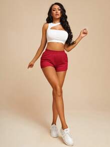 SHEIN SXY Women's Solid Color Elastic Waist Casual Loose Shorts - Red - View 5