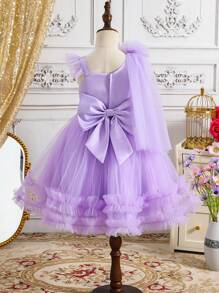 SHEIN Leap Crew Girls Elegant Mesh Cap Sleeve Floral Decorated Mesh Dress - Mauve Purple - View 2