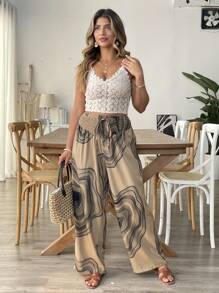 Franclia Plus Size Floral Print Elastic Waist Women Pants - Multicolor - View 3