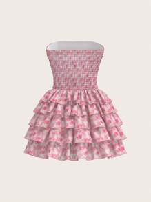 Sweetina 女士 Y2k 花朵春夏装外出印花休闲短款多层抹胸太阳裙 - 粉色 - 查看 3