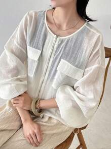 FRIFUL Women's White Loose Linen Blend Jacket, Round Neck Lightweight Long Sleeve Outerwear, Spring & Summer