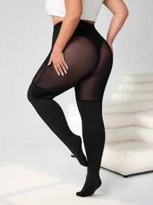 SHEIN CURVE+ Damen Große Größen, Valentinstag, Valentinstags Strümpfe, Schwarze Strumpfhosen in Große Größen, Rutschfeste Oberschenkelhohe Strümpfe, Schwarze Mesh-Patchwork Leggings für den täglichen Gebrauch, einfach modisch, Frühlings-Sommer Kleidung