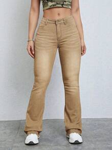 SHEIN ICON Solid Flare Leg Jeans Y2k - Apricot - View 7